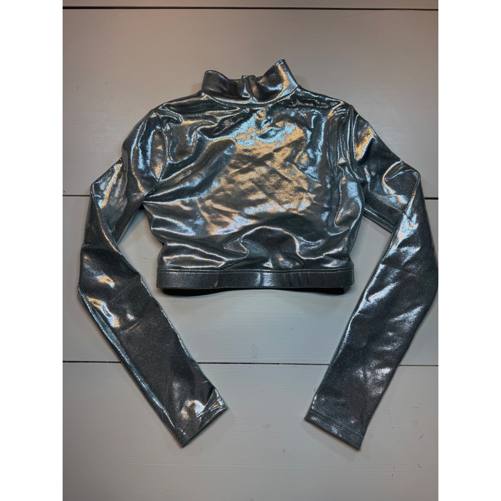 Balera Silver Metallic Long Sleeve Open Back Dance Crop Top Mock Neck MC ML12486